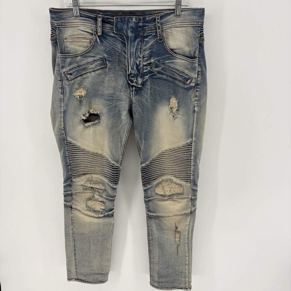 KDNK Men 34X28 Blue Distressed Skinny Jeans Punk Moto Grunge Biker Denim